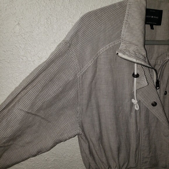Lucky Brand Sz L Women's Linen Blend Striped Jacket Full Zip Waist Drawstring - Picture 3 of 12